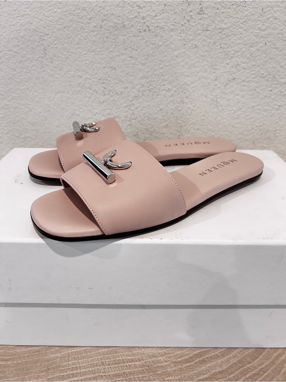 NIB Alexander McQueen T-bar slides Blush/Silver, Size 36.5, $890 Retail